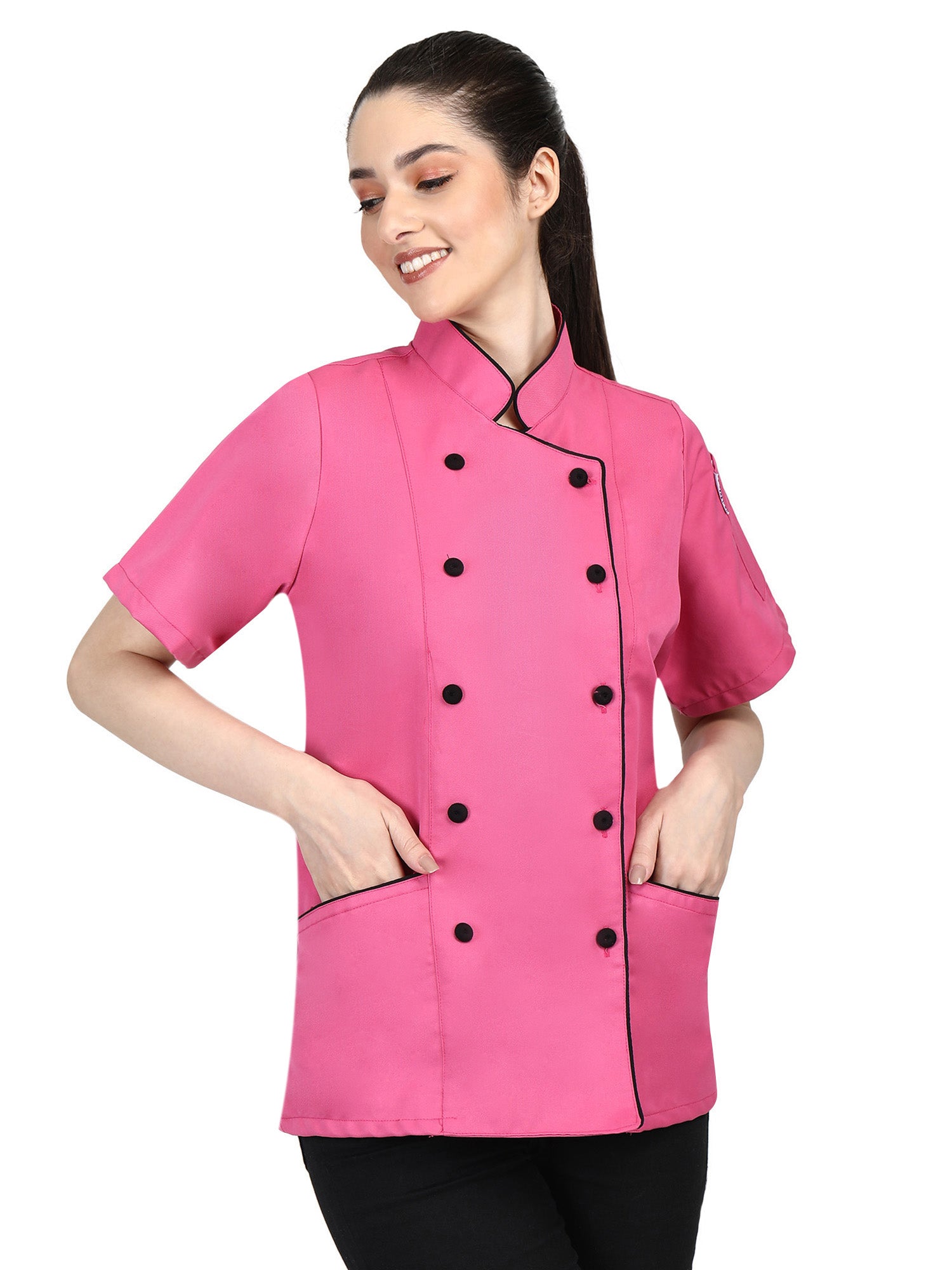 Short Sleeves Tailored Fit Chef Coat Jacket Uniform for Women for Food Service, Caterers, Bakers and Culinary Professional – Pink